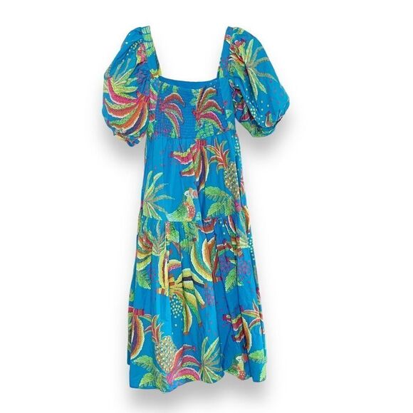 FARM RIO Tropics Tiered Midi Dress In Blue Banana Print Midi Dress Women’s Sz XS - Picture 7 of 15